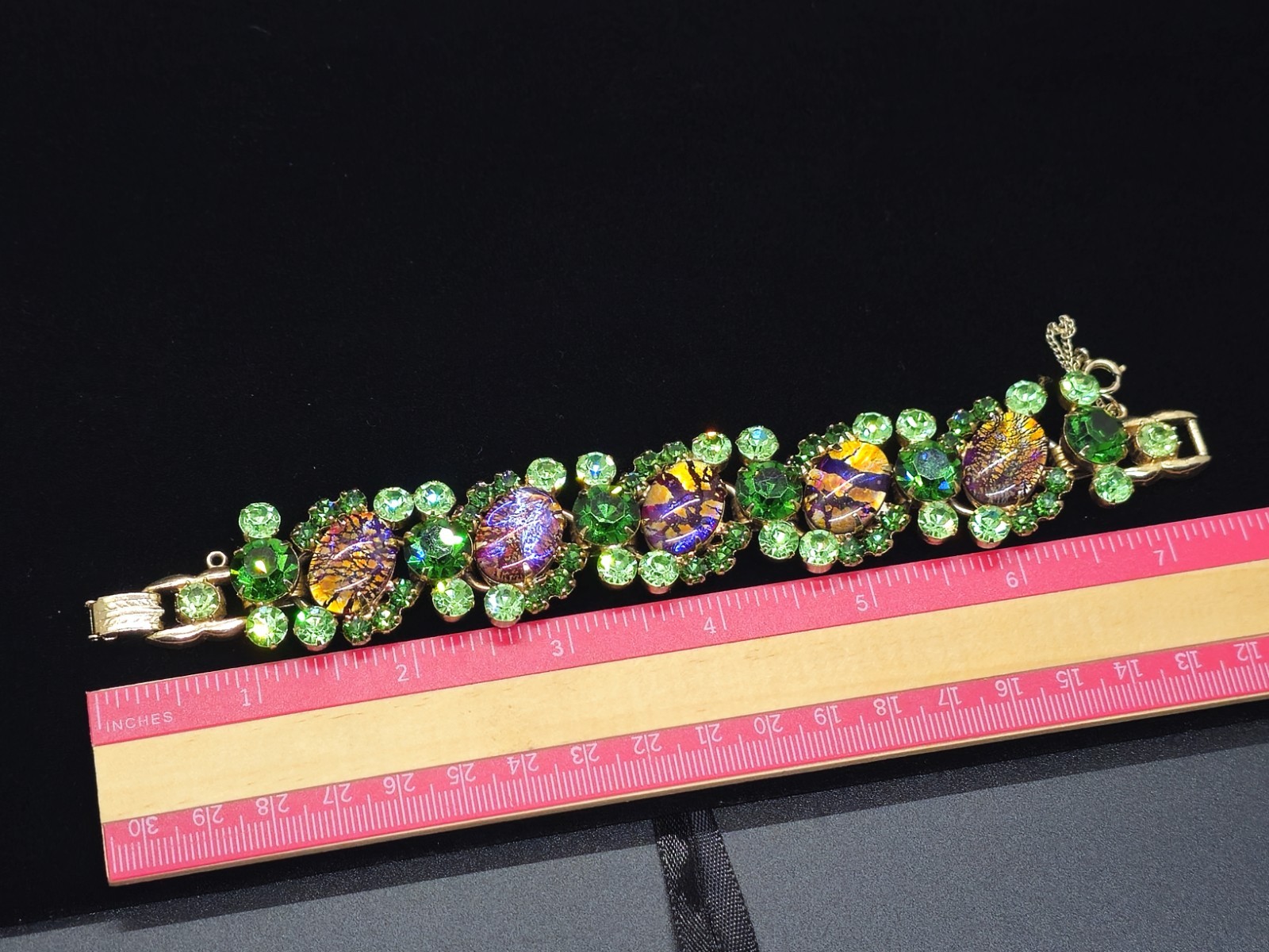 Vtg JULIANA D&E Foiled Dichroic Glass Green Rhinestone Bracelet