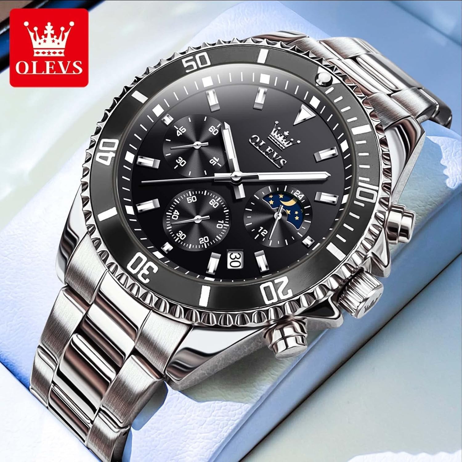 Moon Phase Men’s Watch – Luxury Waterproof Chronograph with Crystal Dial