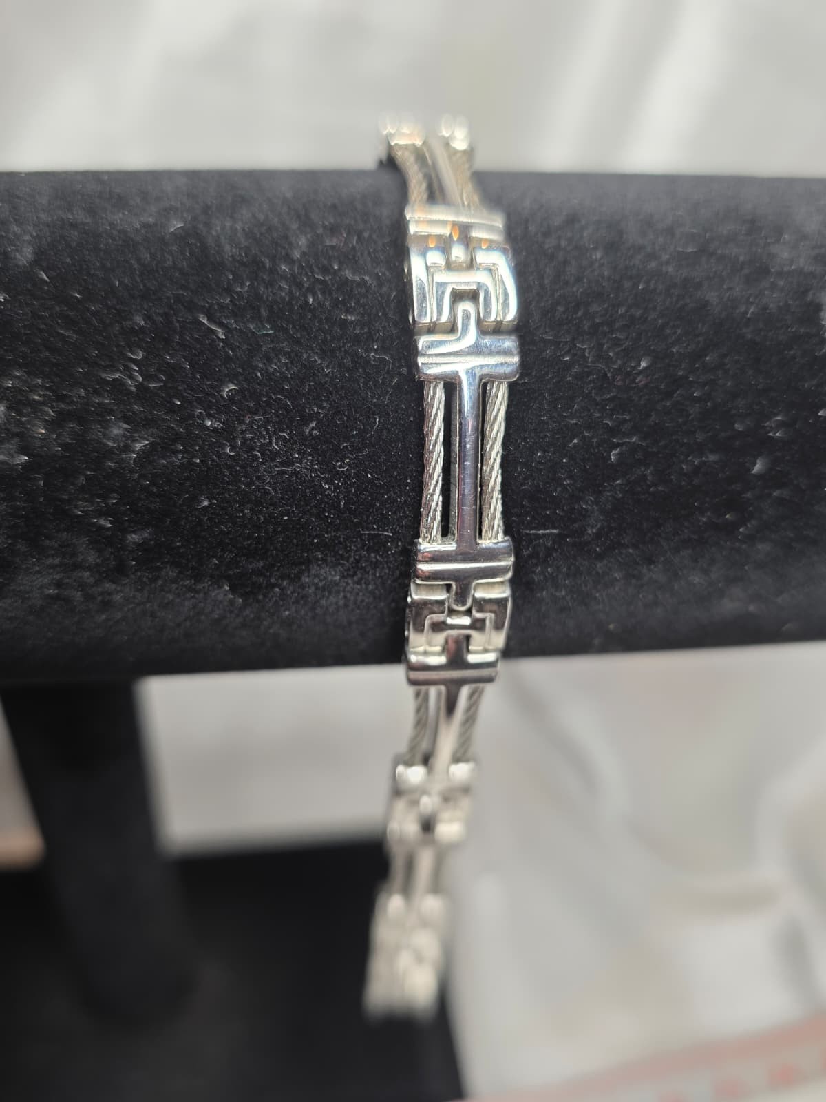 Stainless Steel Bracelet Silver Greek Key Cable Link Unisex Jewelry | 8.25in