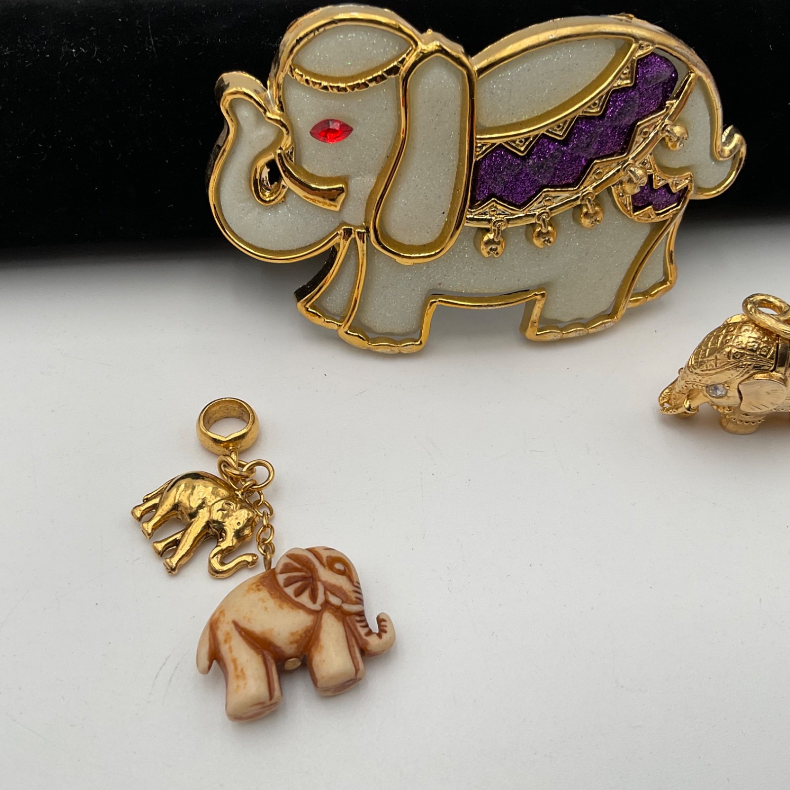 Vtg Elephant Jewelry Lot Pendant, Charms, Enamel Taiwan Hair Barrette
