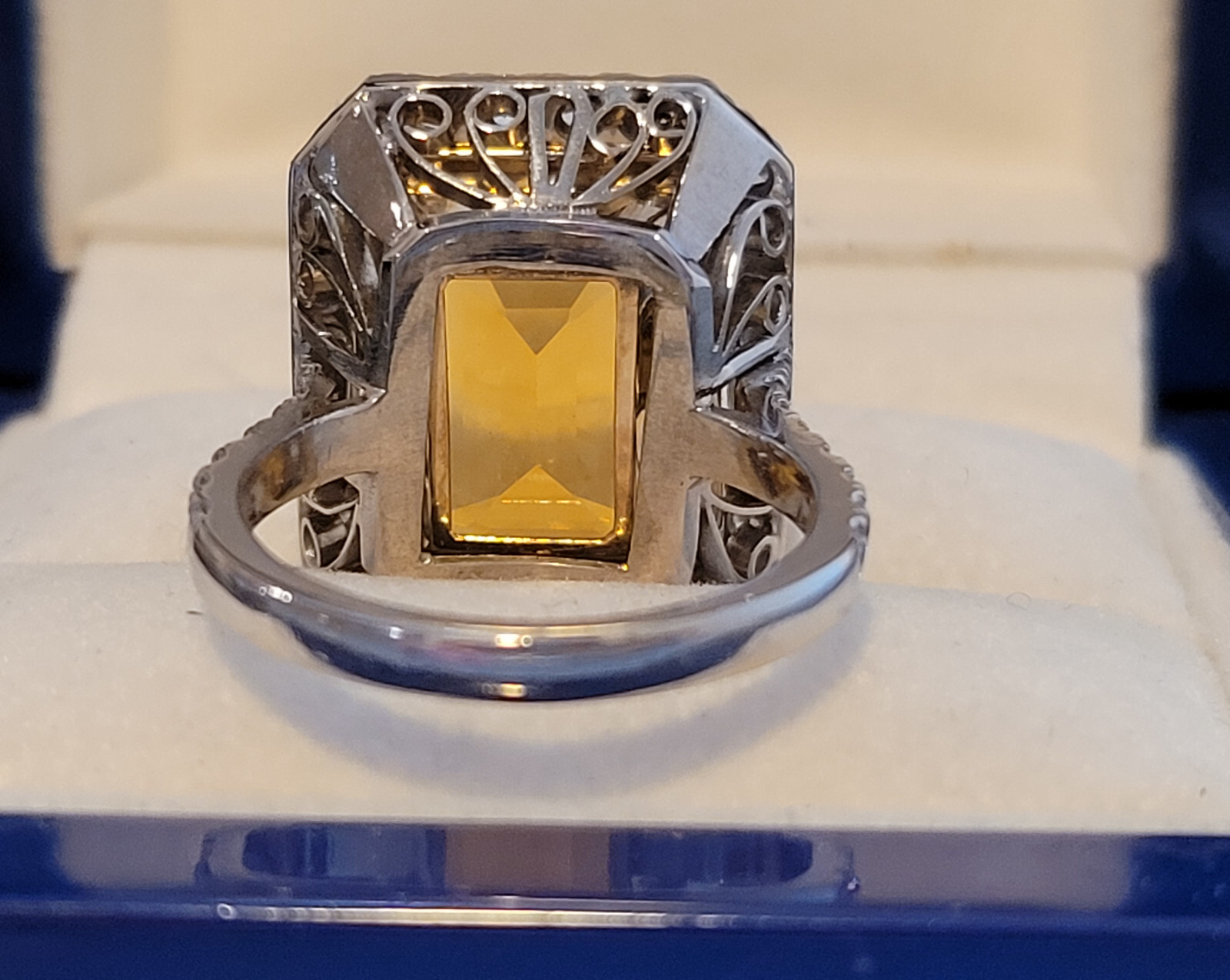 Emerald Cut Citrine and Diamond Ring 7.71 carats. Set in Platinum/18KYG
