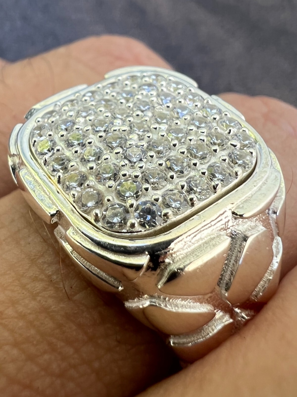 Mens Real 925 Sterling Silver Iced CZ Nugget Ring Hip Hop Size 7 8 9 10 11 12 13