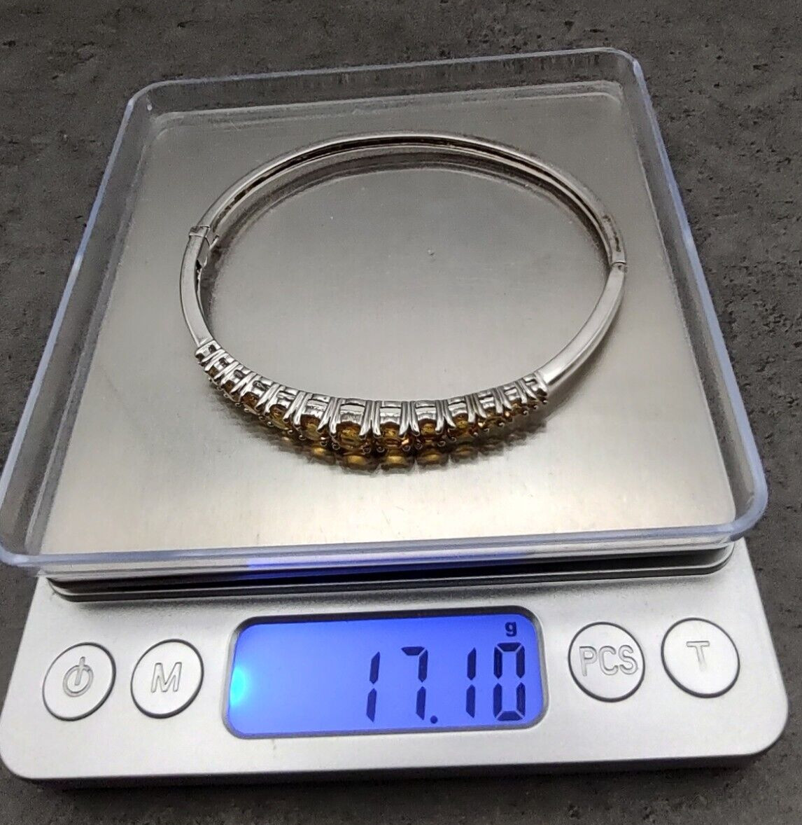Estate KN Sterling Silver 4.86cttw Natural Citrine Hinged Bangle Bracelet 8.25″