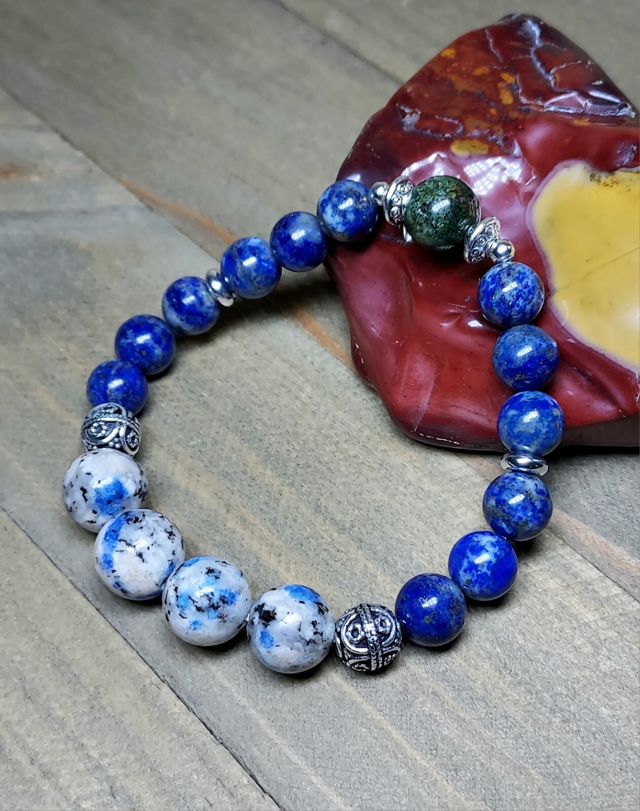 Blue Lapis and K2 Stone Bracelet Unique Meditation Jewelry Stretchy Gems 6.25″