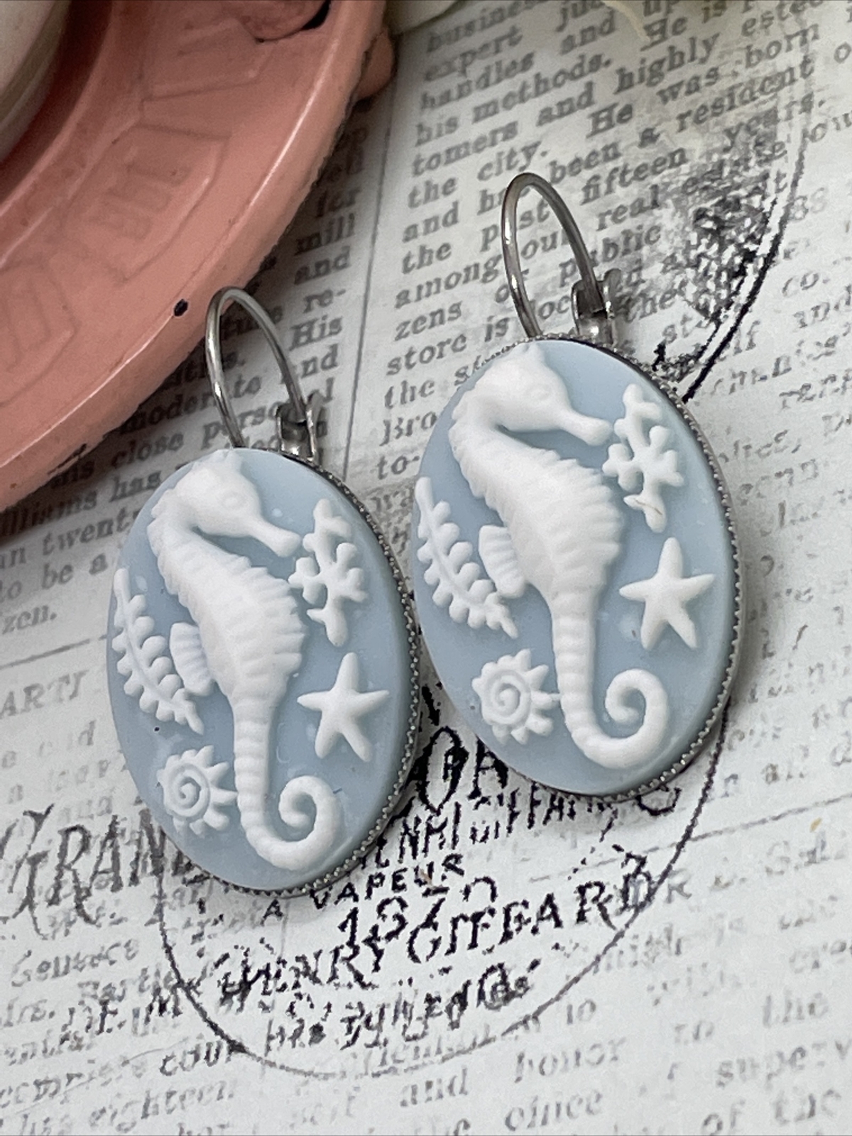 Seahorse Blue Silver Wedding Gift Anniversary Earrings Cameo Birthday Sea Life