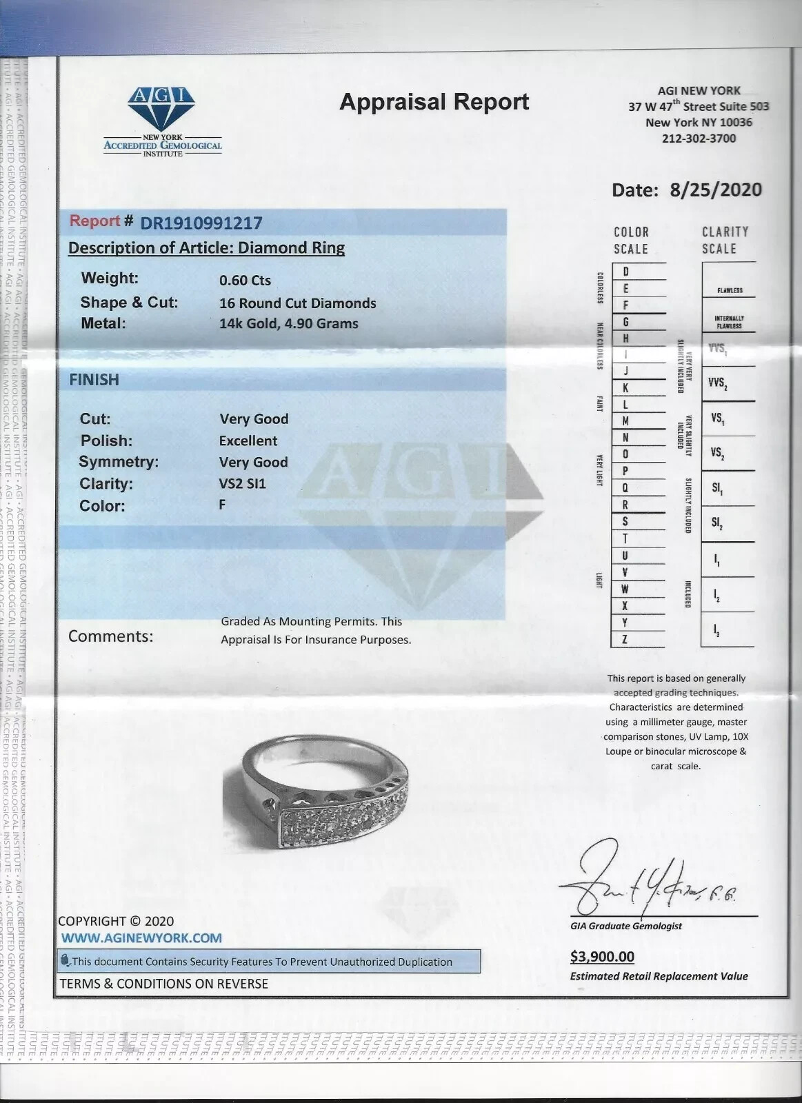 14K Gold Diamond Cocktail Ring Dia=.60 Carat F-SI1/VS2 4.90 Grams Value=$3,900