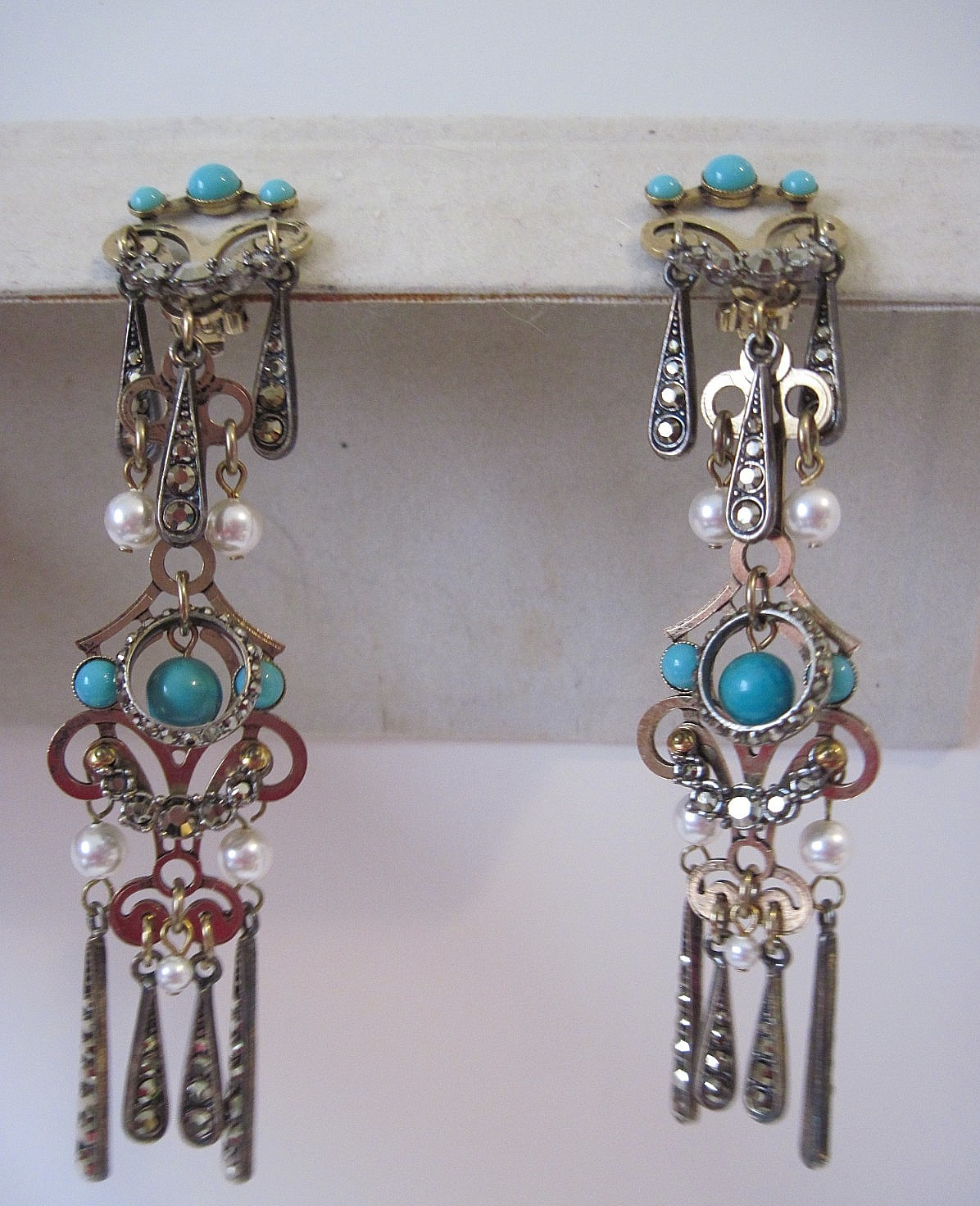 Lanvin Paris France Long Shoulder Multi Colored Faux Stones Crystal Earrings