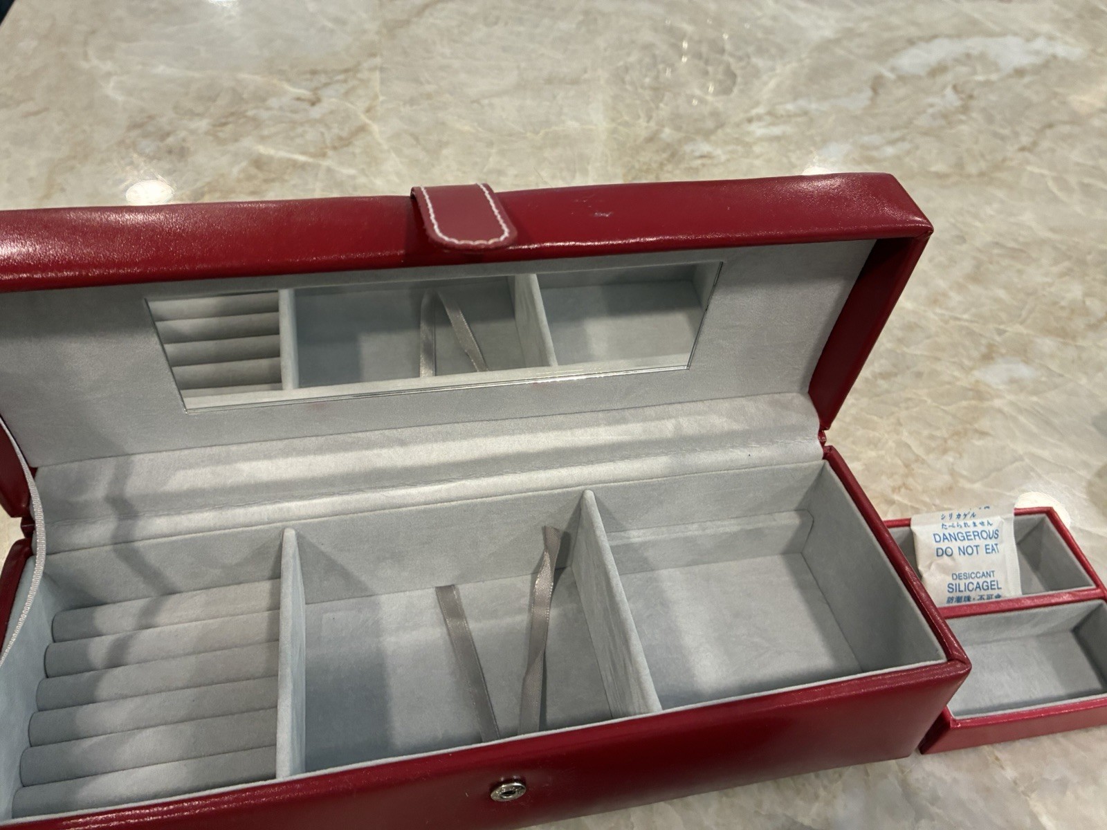 Red Faux Leather Jewelry Box 11″ 3 Piece Fabric Lined Travel Multi Compartment