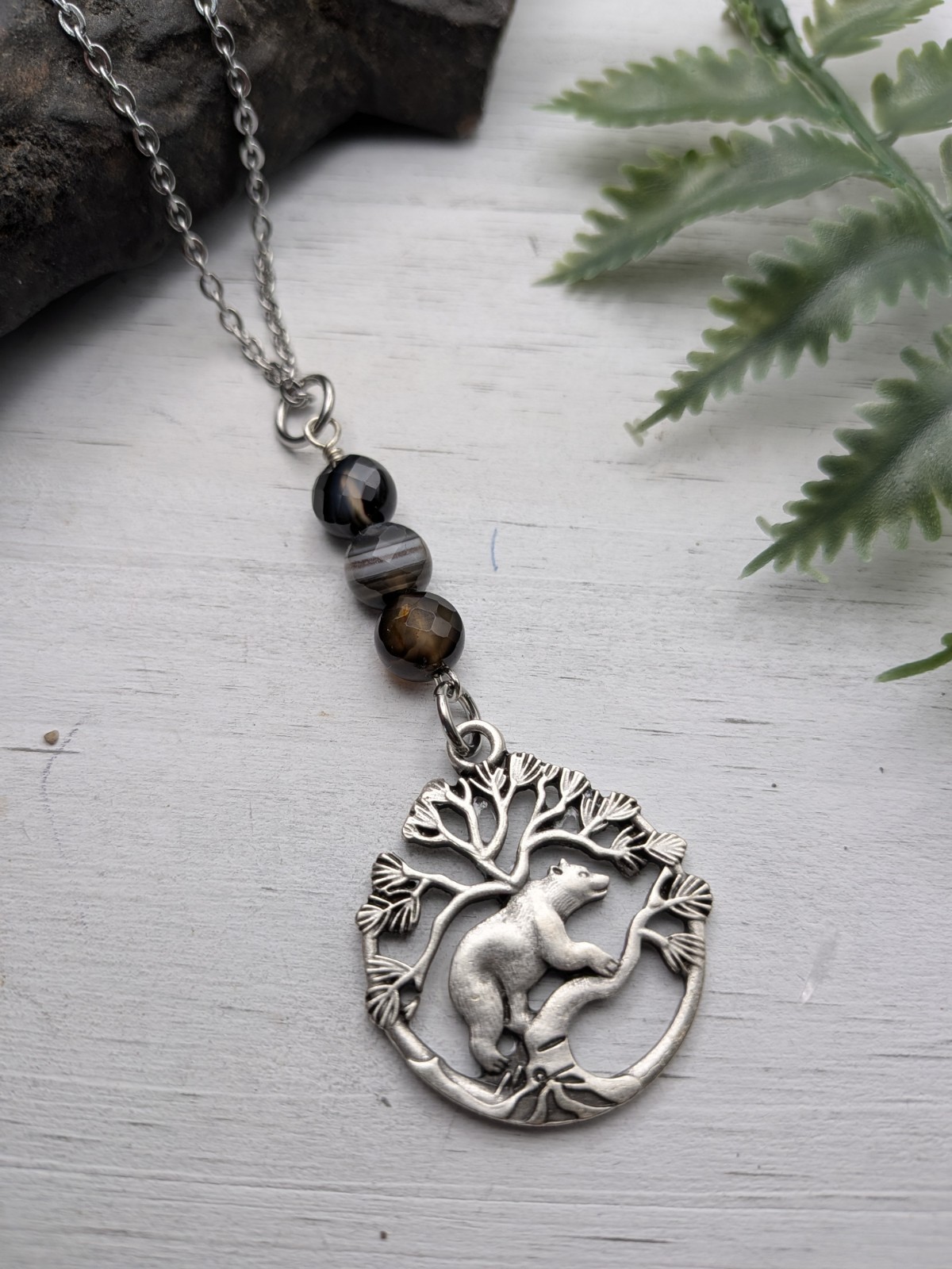 Silver Bear Pendant Necklace With Black And Brown Beads, Nature Themed