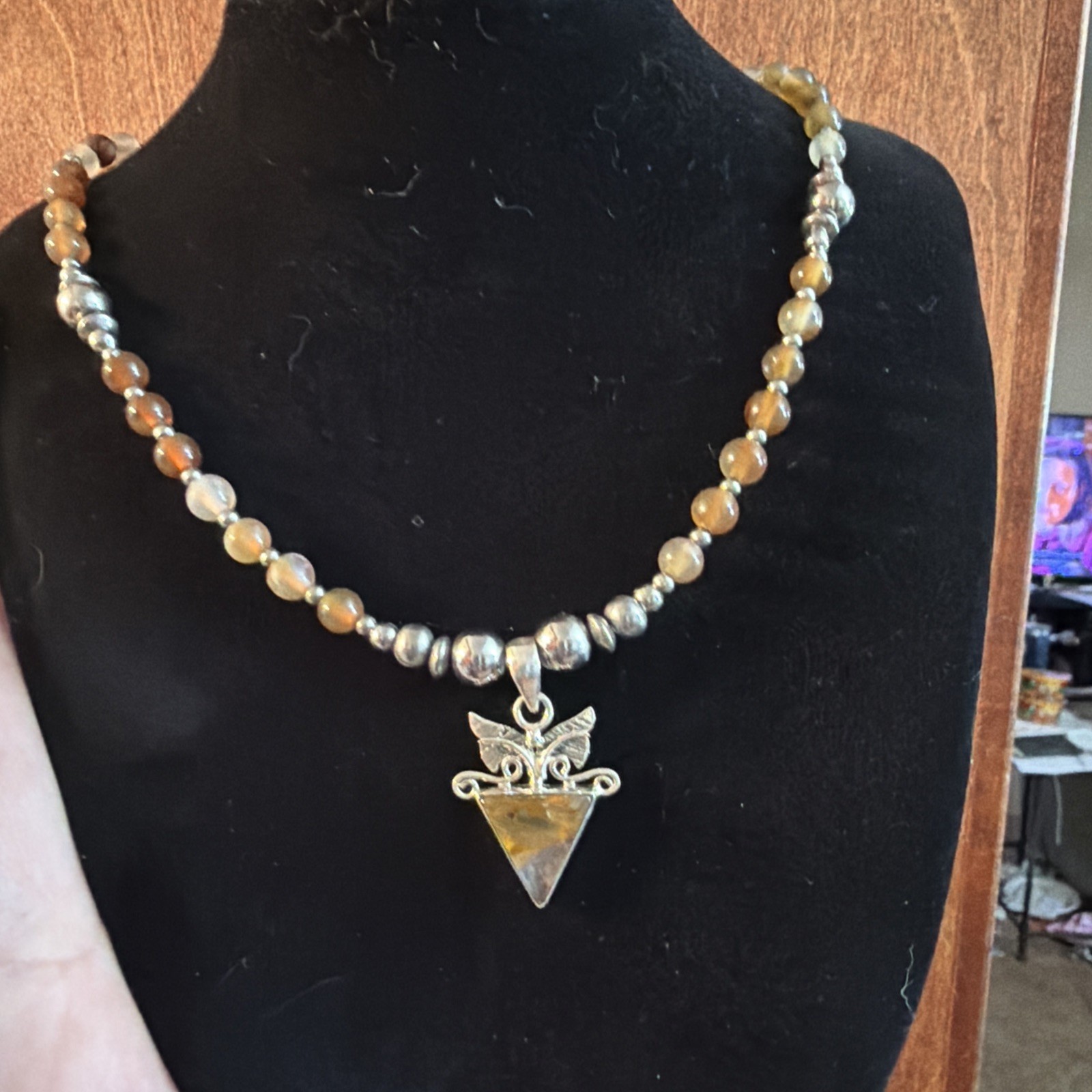 Handmade Coffee Agate Bead Necklace With Unique Sterling Silver Pendant 18-20in