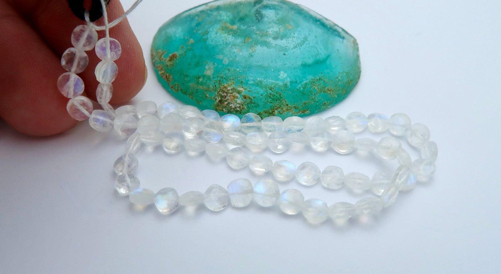 FULL STRAND STUNNING AAAA BLUE TEAL FALSH MOONSTONE 4.3-4.6mm FACETED COIN BEADS