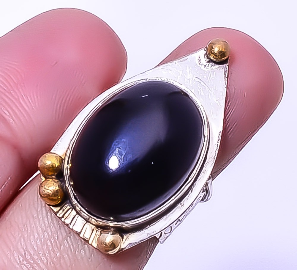 Black Onyx Gemstone Silver Handmade Two Tone Gold Plated Ring s.6 A377