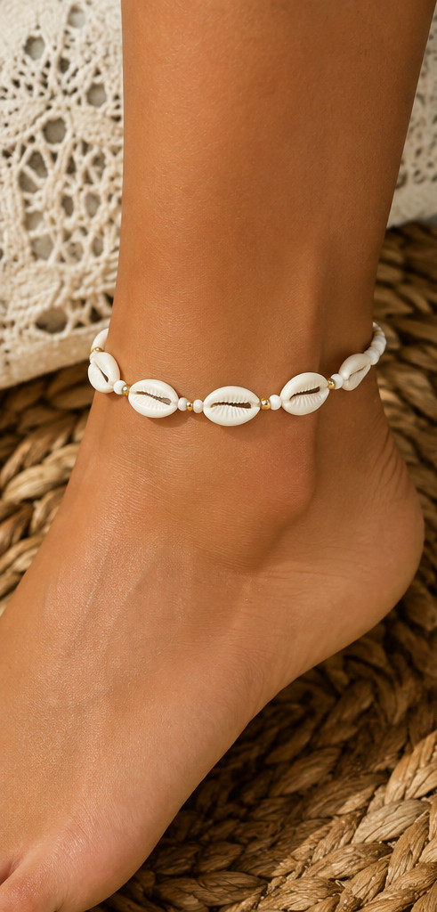 Coastal Cowrie Shell Anklet – White & Gold Beaded Beach Jewelry