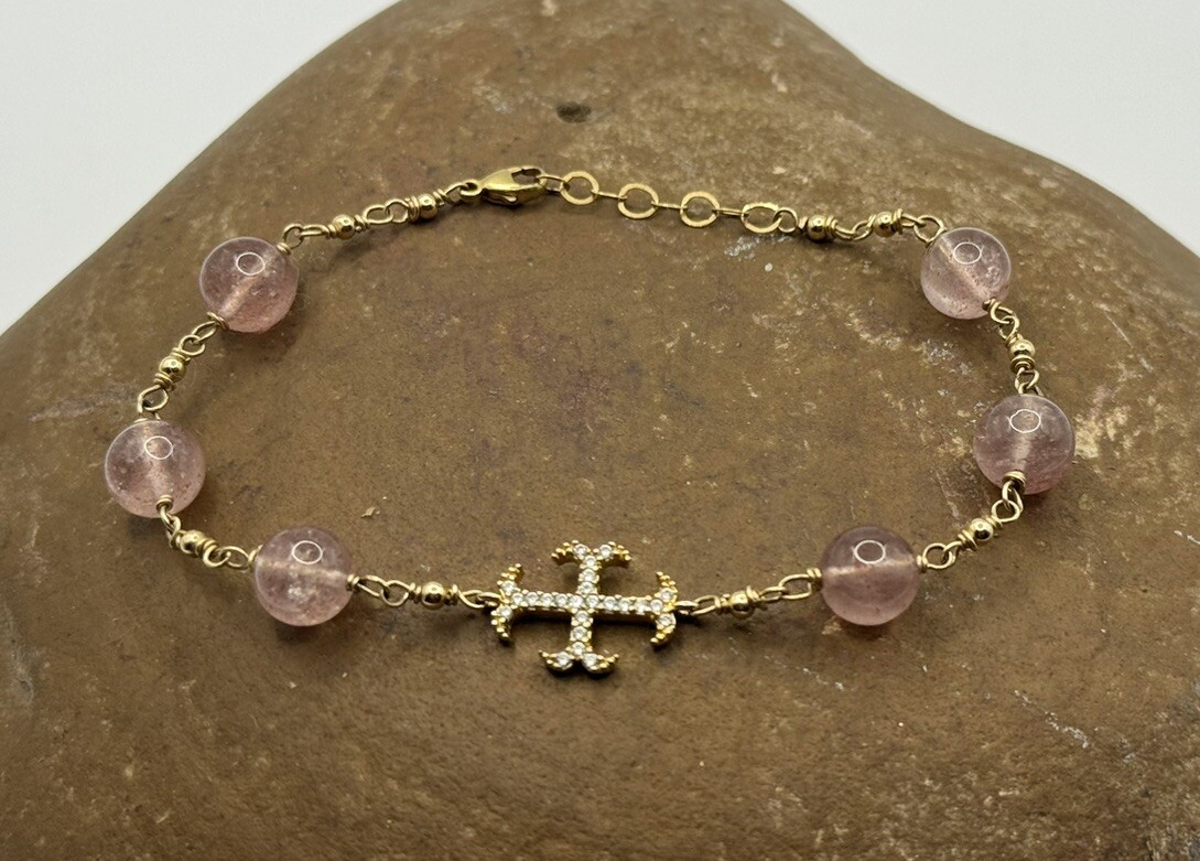 Stylish 14K Yellow GF Gold Filled Diamond Cross Pink Quartz Bracelet 8.6 gr #4