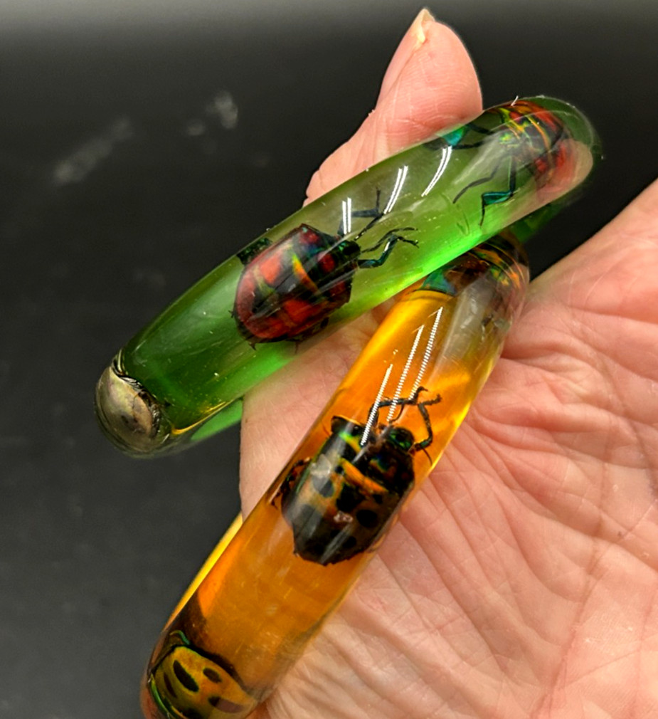 2 Vintage Resin Lucite Jewel Bettle Bangle Bracelets from Philippines Green Yell