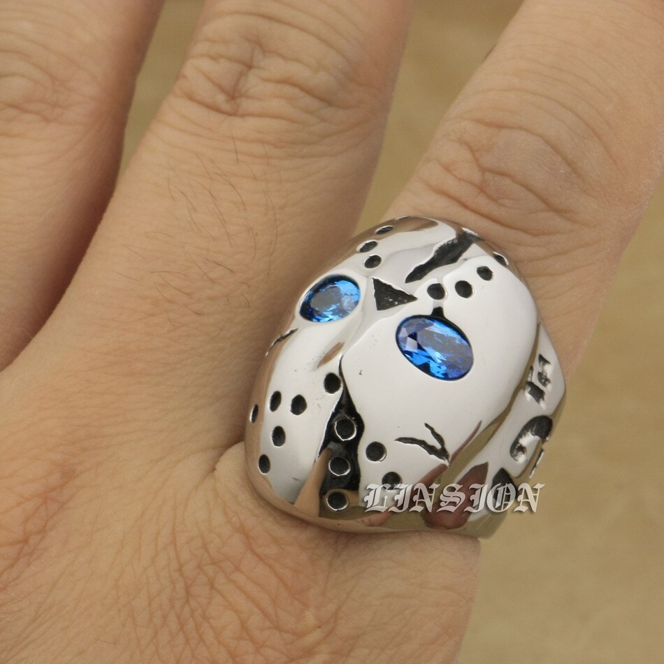 Stainless Steel Blue CZ Eyes Halloween JS Hockey Ring Punk Jewelry 3F101D
