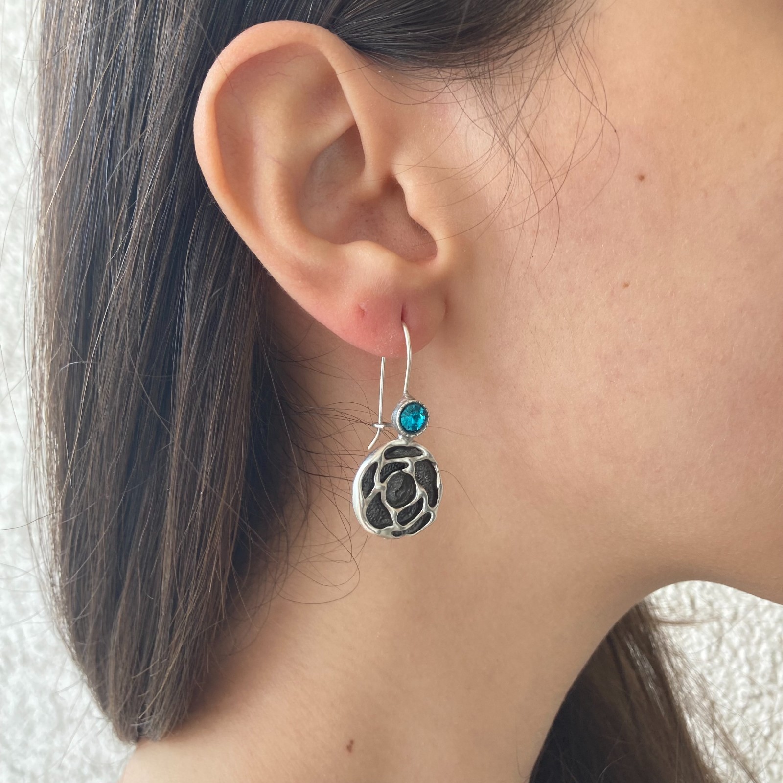 Lightweight Antique Silver Round Dangle Earrings Blue Zircon Boho Jewelry