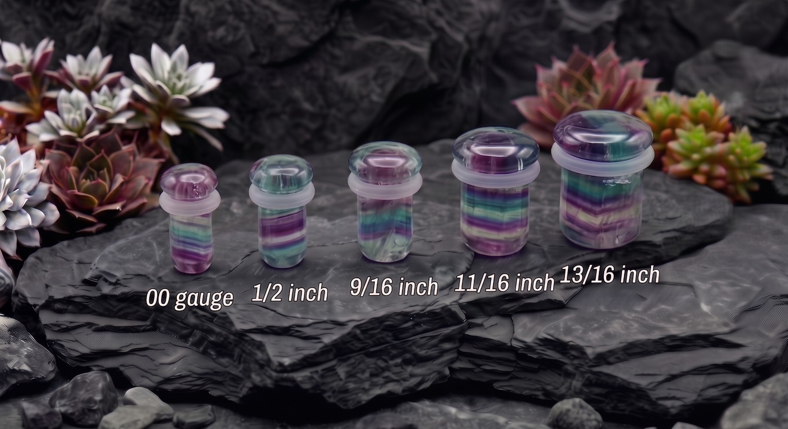 Pair of Rainbow Fluorite Single Flare Natural Stone Ear Plugs Expander E618A