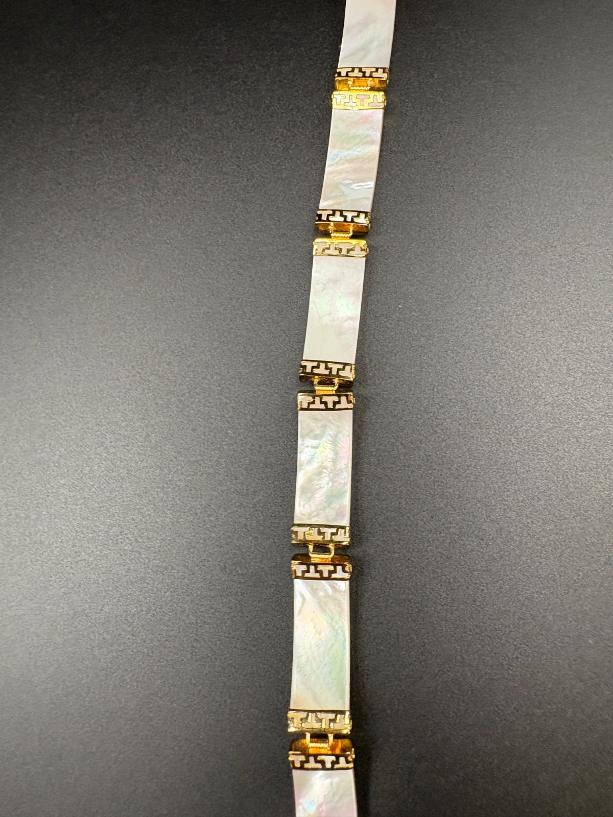 Vintage 14K Yellow Gold Mother of Pearl Greek Key Link Bracelet Heavy 16.1g