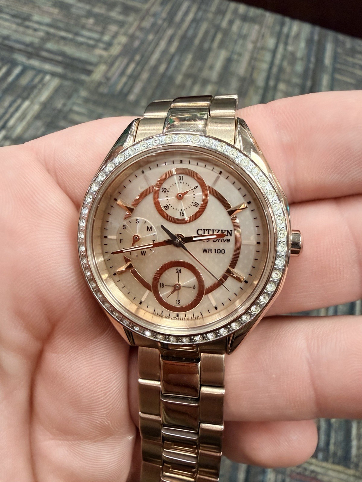 Ladies Citizen Rose Gold Eco-Drive POV Champagne Dial Stainless Watch