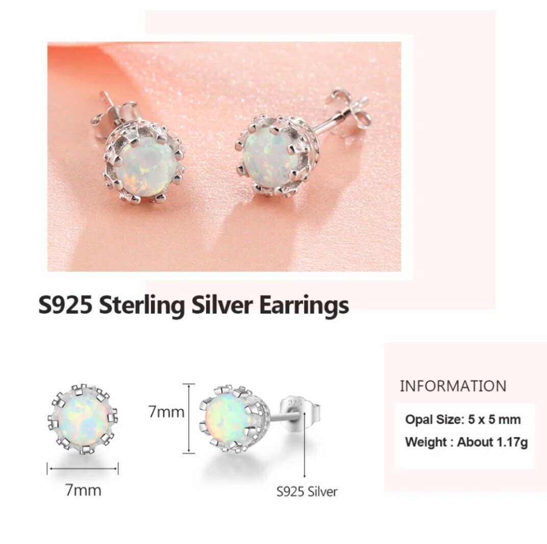 NEW Simple and Elegant 925 Silver Stud Earrings, White, Blue, Pink Fire Opal