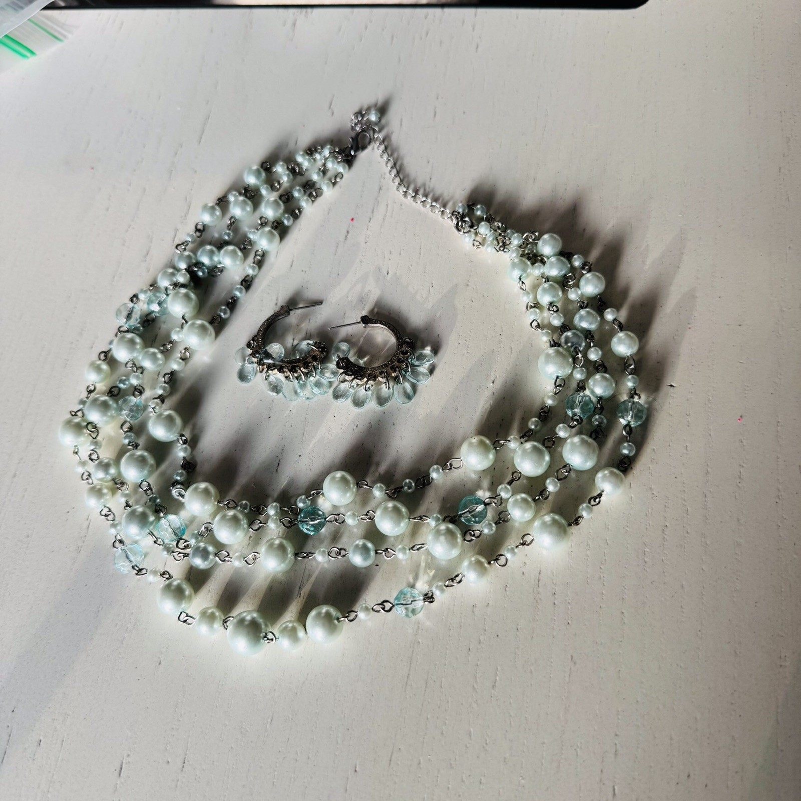 Aqua color Pearl Necklace & Earrings Set