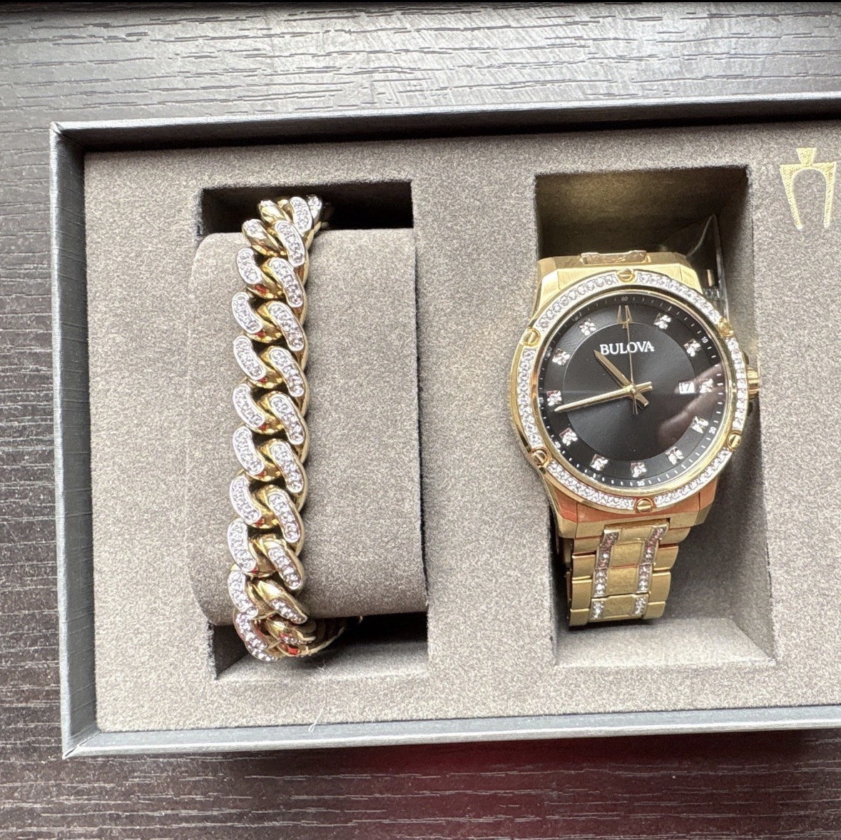 Bulova Men’s Quartz Dress Watch Gold-Tone Black Dial Diamond Markers Date