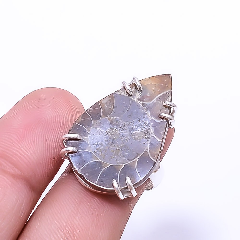 Cleoniceras Cleon Ammonite -Fossil Solitaire 925 Sterling Silver Ring s.7.5 R121