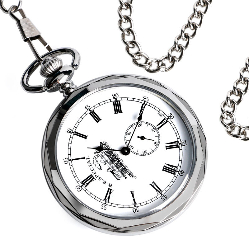 Silver Hand Winding Pocket Watch with Chain Open Face Railway Engine Mechanical