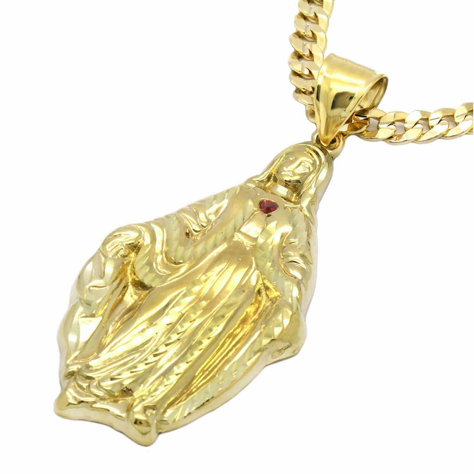 18k Gold Plated Virgin Mary Religious Pendant Cubic Zirconia 24″ Cuban Chain L