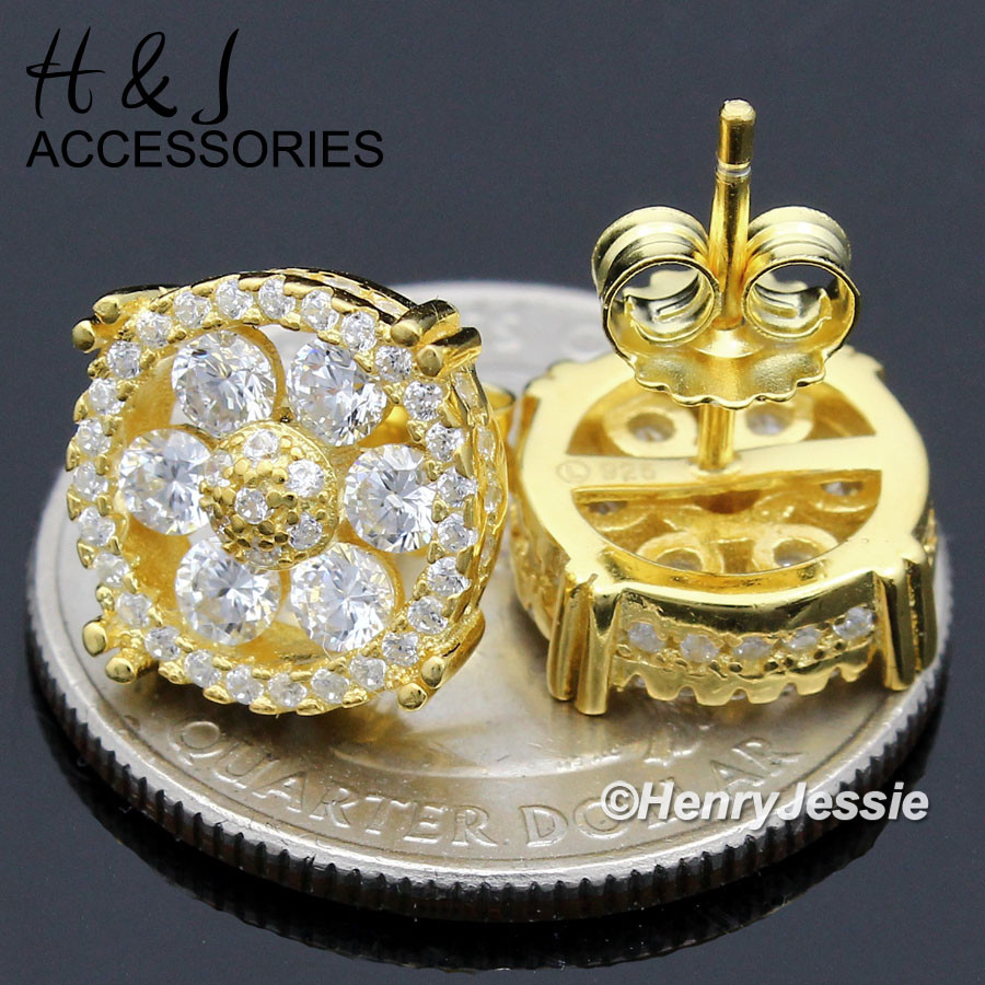 MEN 925 STERLING SILVER 11MM CZ ROUND PUSH BACK GOLD PLATED STUD EARRING*AGE71