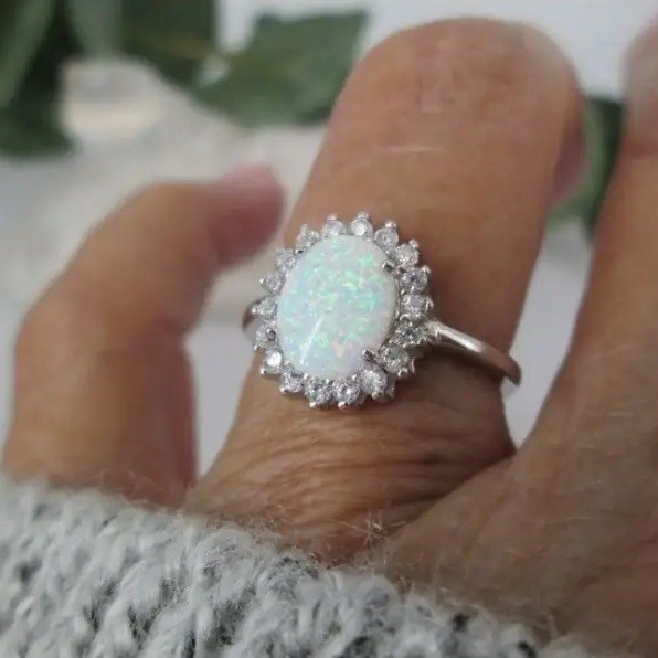 Elegant 925 Sterling Silver Rainbow Opal Charms Engagement Wedding Ring Size 6.5