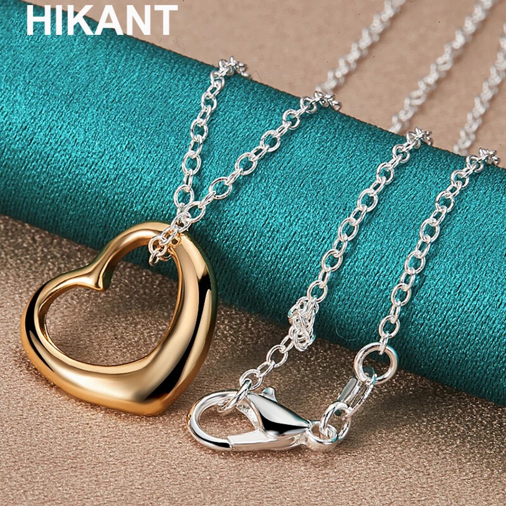 40-75cm 925 Sterling Silver Plated Chain Love Gold Heart Pendant Necklace Women