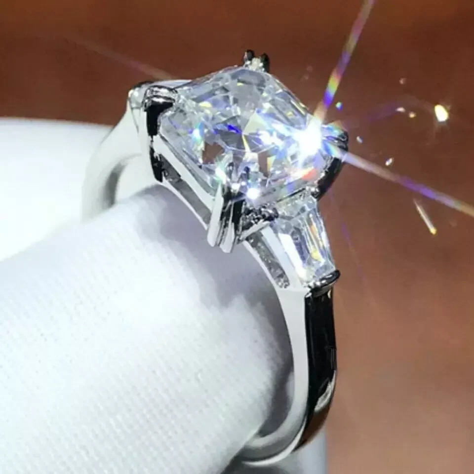 Solid 14K White Gold 3 Carat Asscher Cut Moissanite Solitaire Engagement Ring