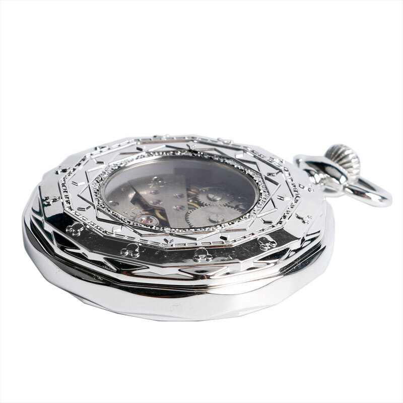 Silver Hand Winding Pocket Watch with Chain Open Face Railway Engine Mechanical