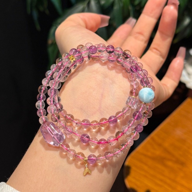 5mm Natural Amethyst and Larimar Handmade Bracelet