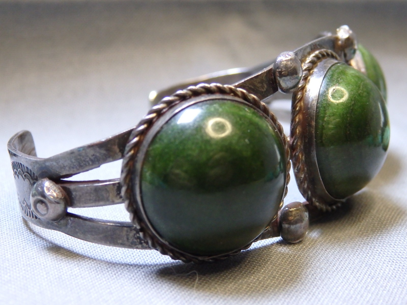 Fred Harvey Era NAVAJO Green TURQUOISE Stamped Coin Silver 40g Cuff Bracelet