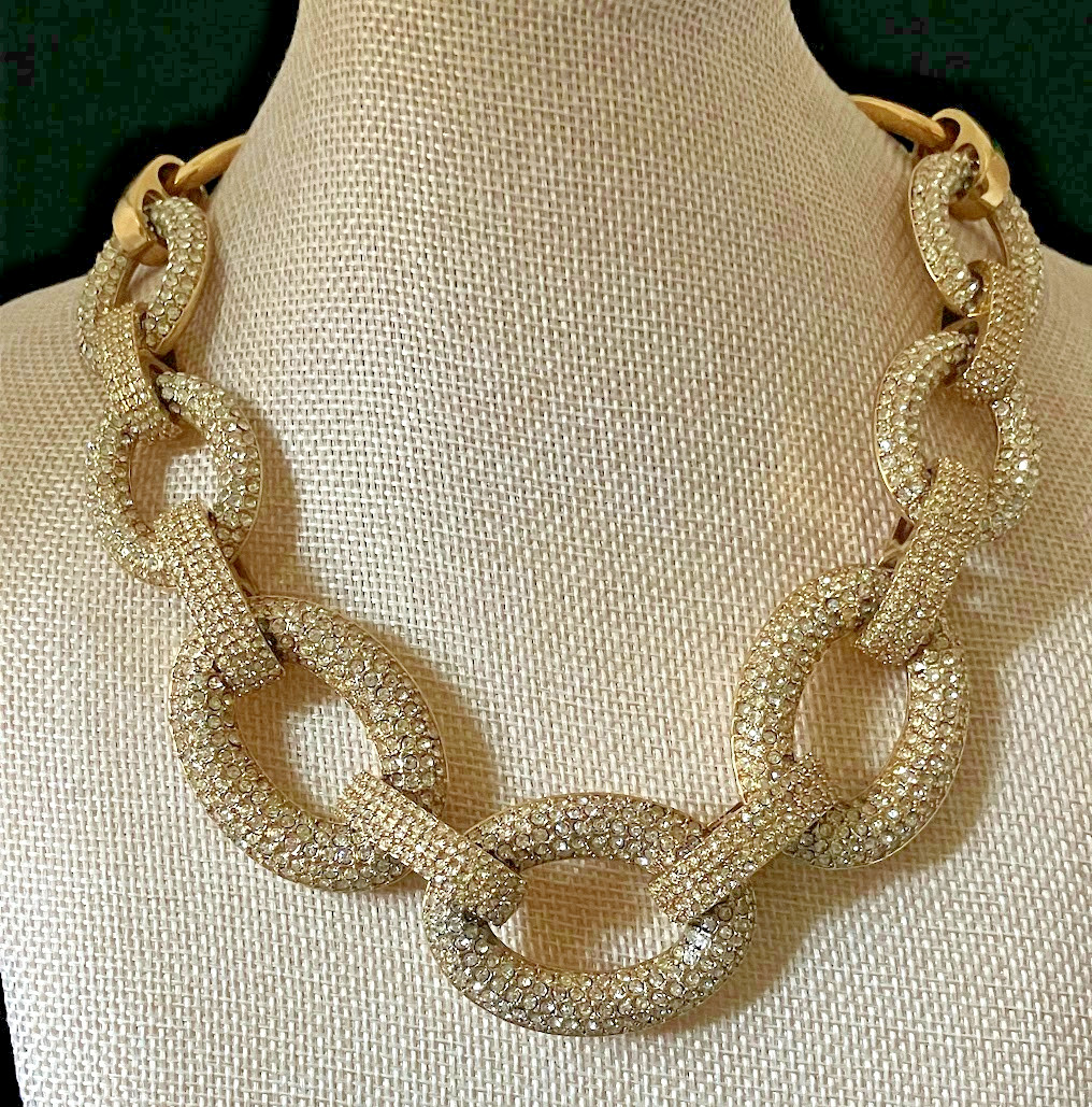 Gold Tone Ann Taylor Necklace Chunky Pave Rhinestone Link Bling