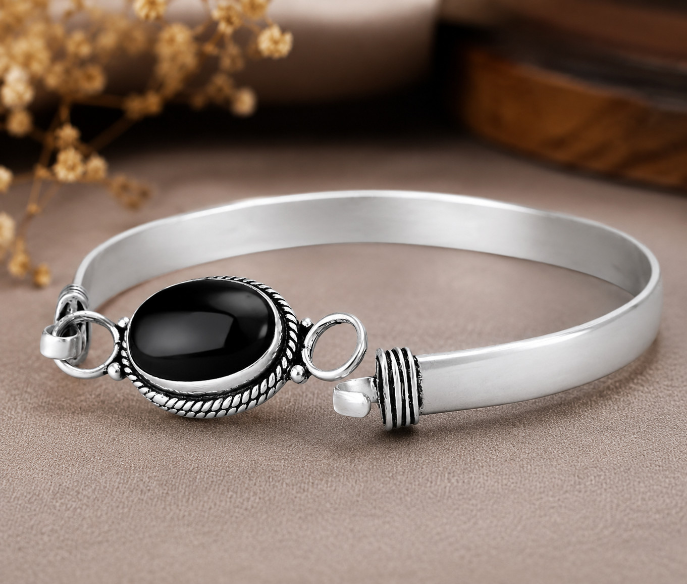 925 Sterling Silver Black Onyx Cuff Bangle Bracelet Handmade Oval Gemstone Gift