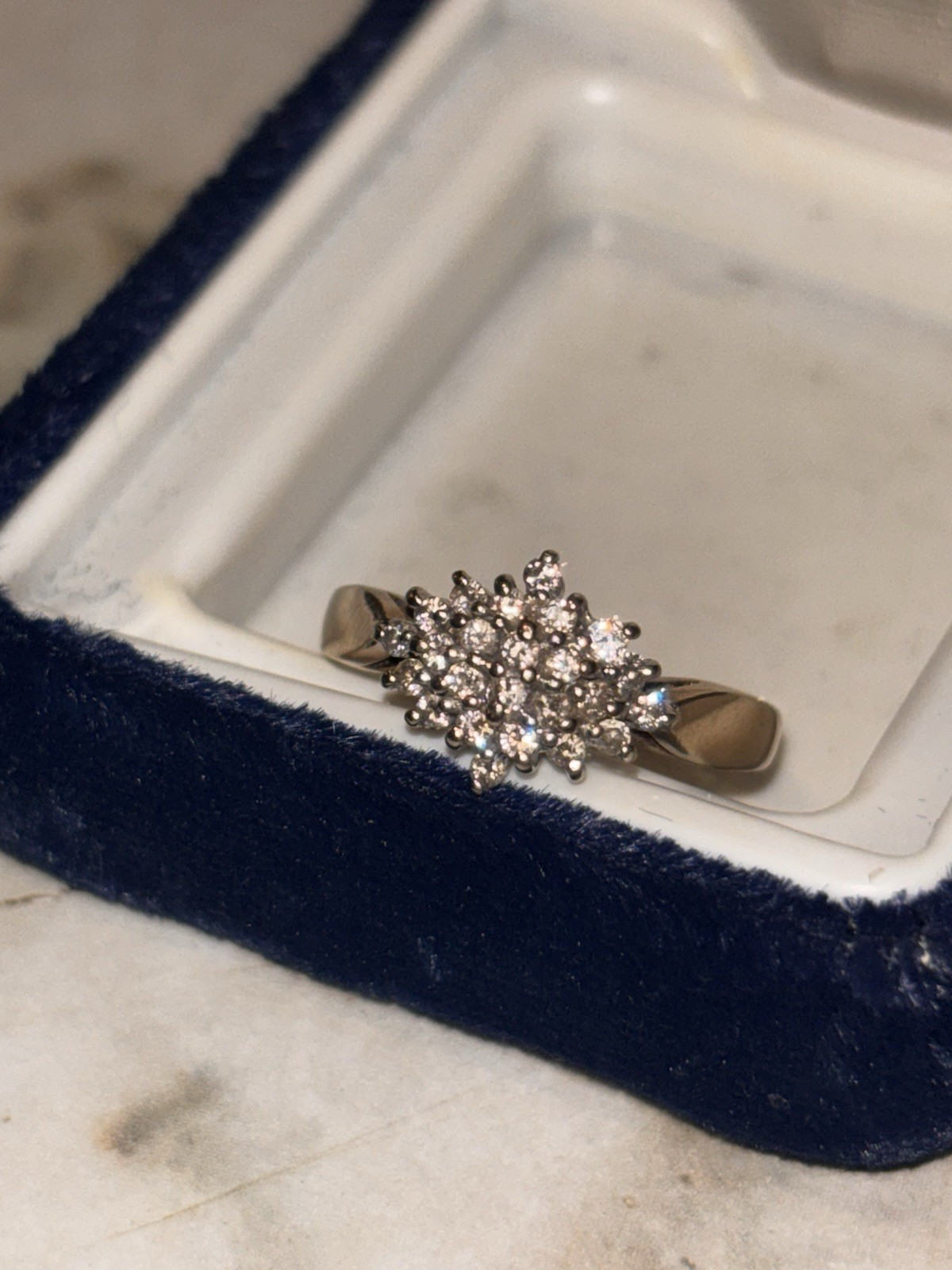 14K Yellow Gold Cluster Diamond Ring Size 7, 2mm Band, Round White Diamonds