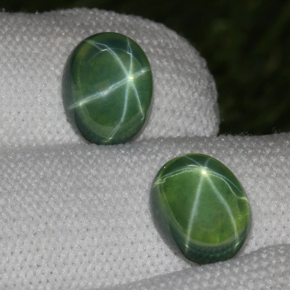 Natural Genuine 6 Rays Green Star Sapphire 17.70 Ct. Oval Shape Loose Gems Pair