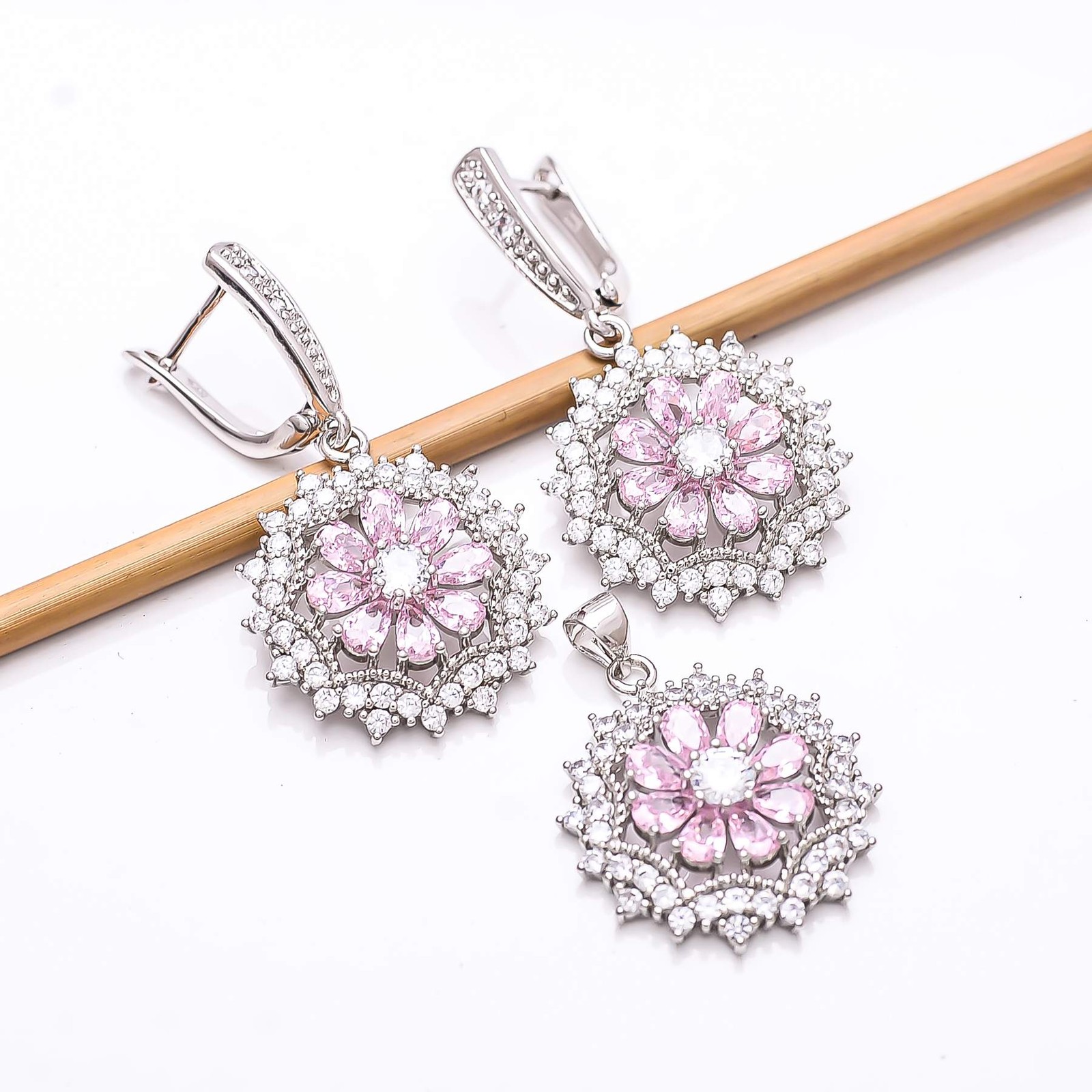 Pink Sapphire – Simulated & CZ 925 Silver Handmade Flower Pendant Set PS84
