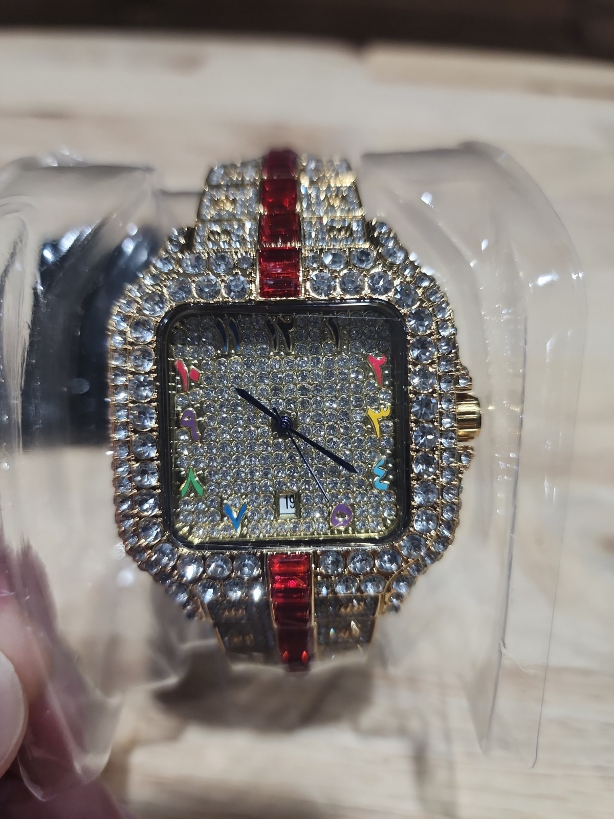 Men’s Fully Iced Out Quality Watch Bling Gold Simulated Diamond Red Stripe