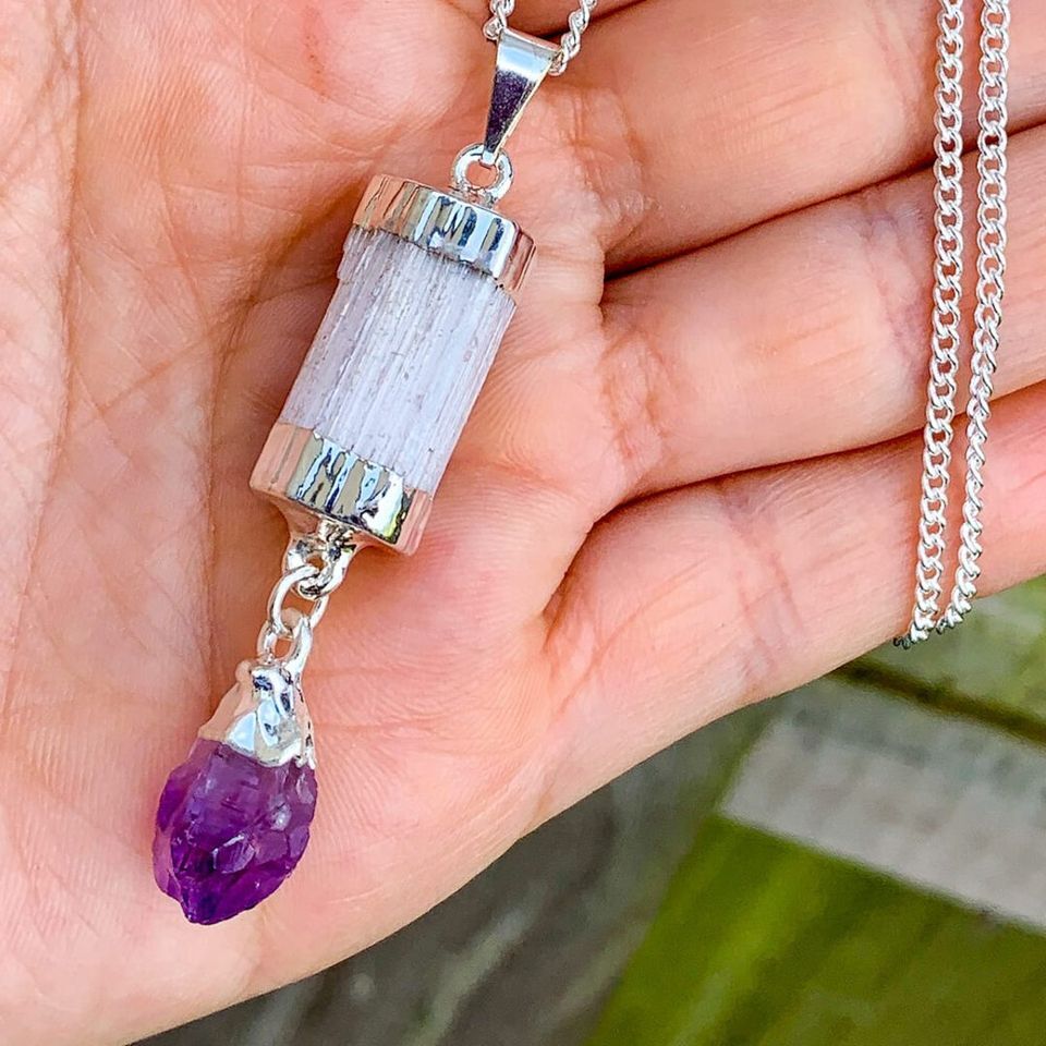 Selenite Amethyst Chakra Crystal Pendant CHARGED 925 Sterling Silver Necklace He