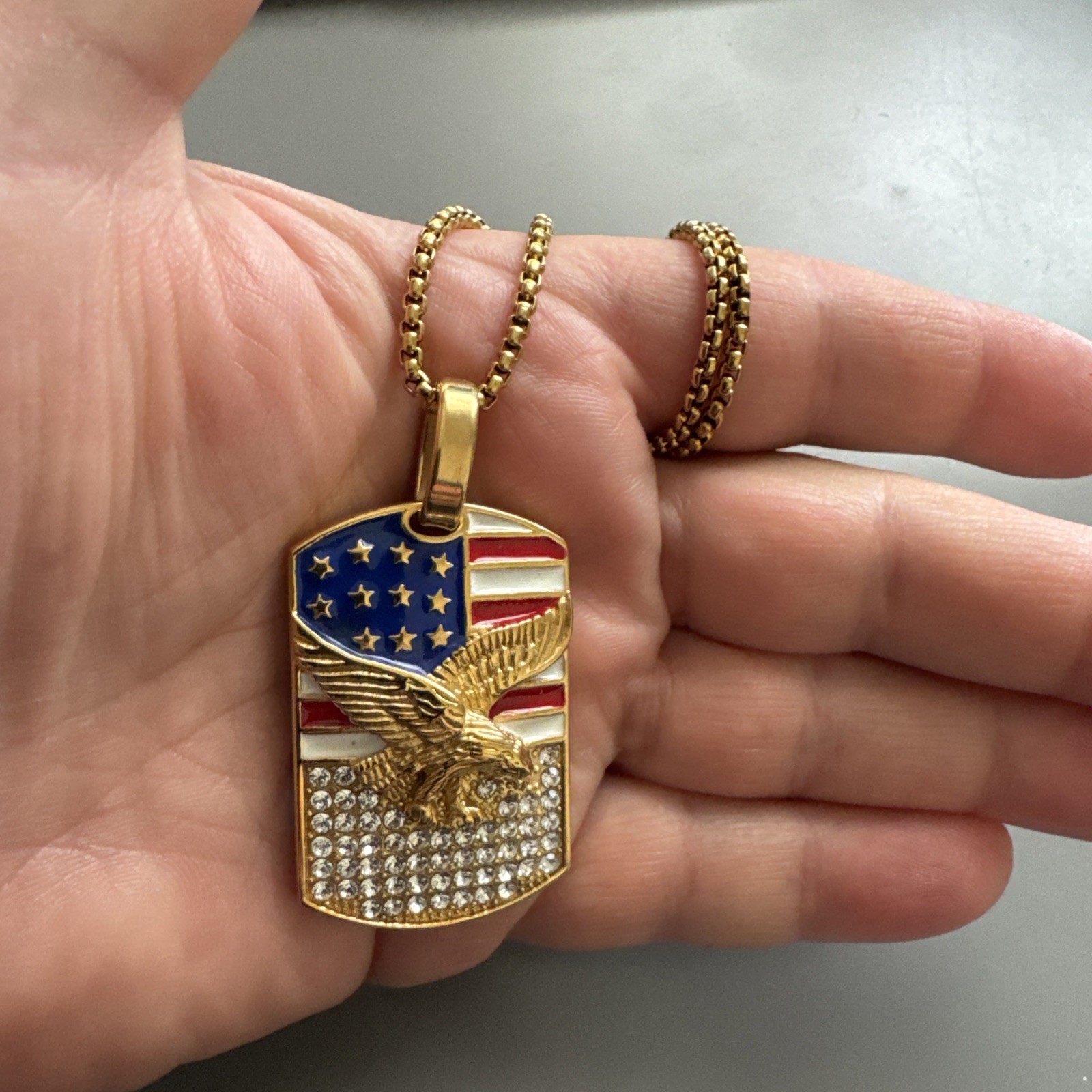 U.S.A America Flag Pendant Cubic Zirconia Stainless Steel 24” Chain Eagle Gold