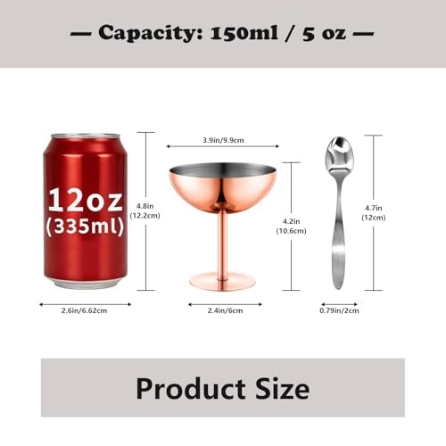 Ice Cream Cups Set of with Spoons, 5 oz Reusable Stainless Steel 2 Rose glod