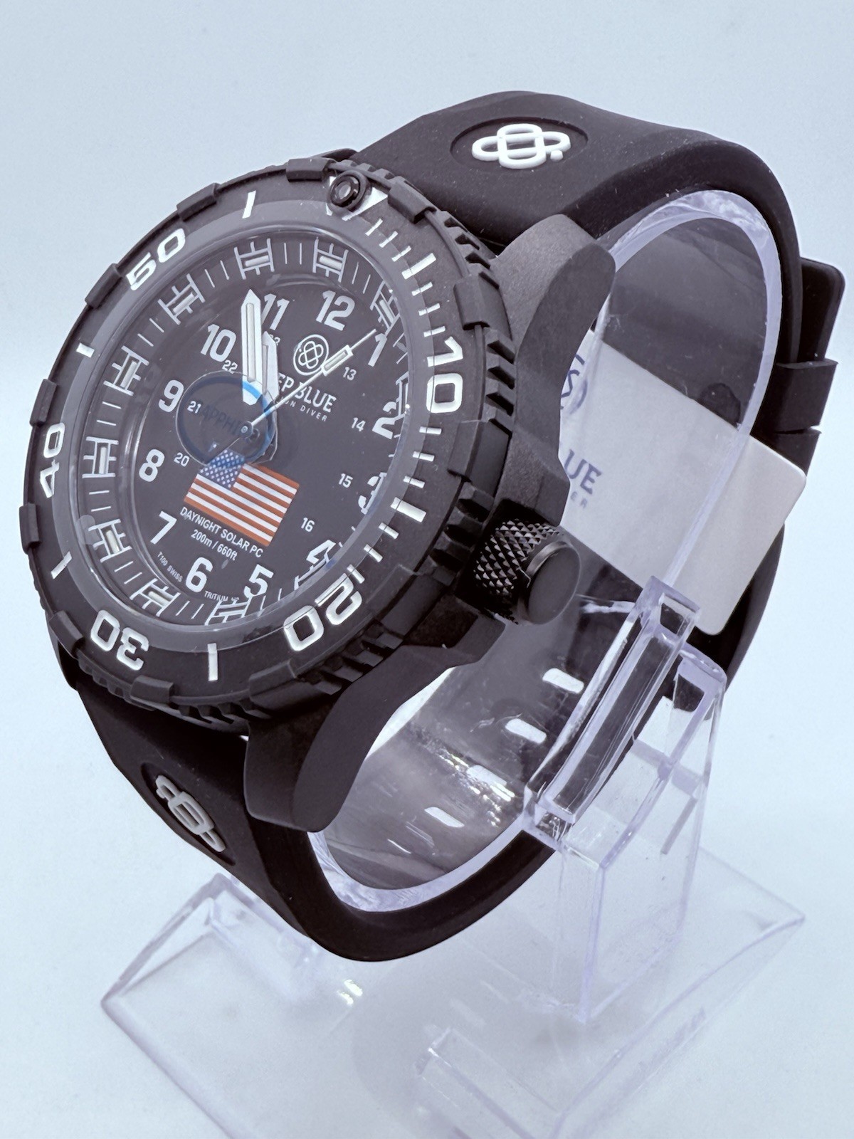 Deep Blue DAYNIGHT 43MM DIVER SOLAR POWERED PC BLACK DIAL USA🇺🇸3 COLOR TUBES‼️