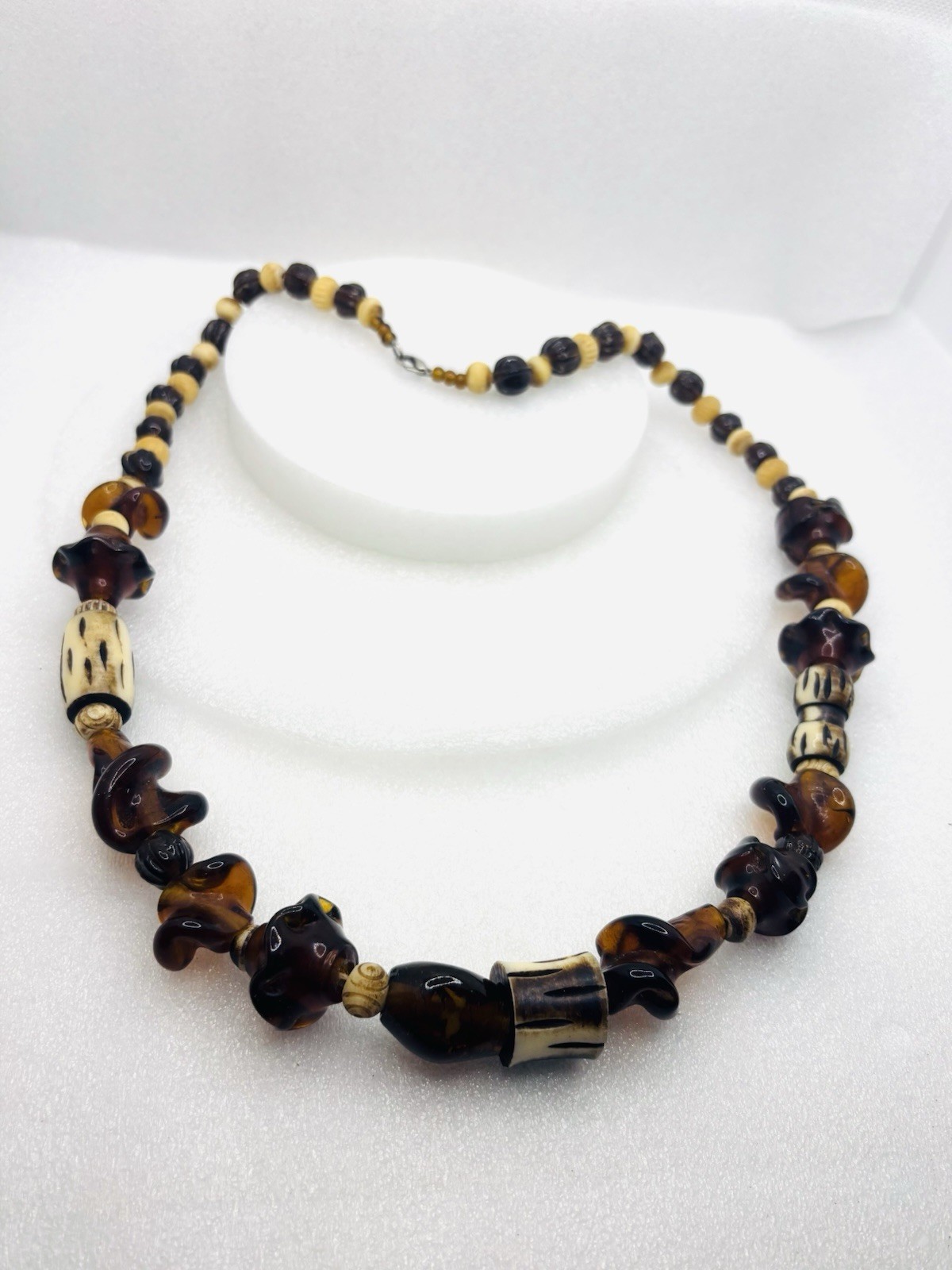 Safari Necklace dark, swirling resin or glass beads, bone/horn cylinders Tribal