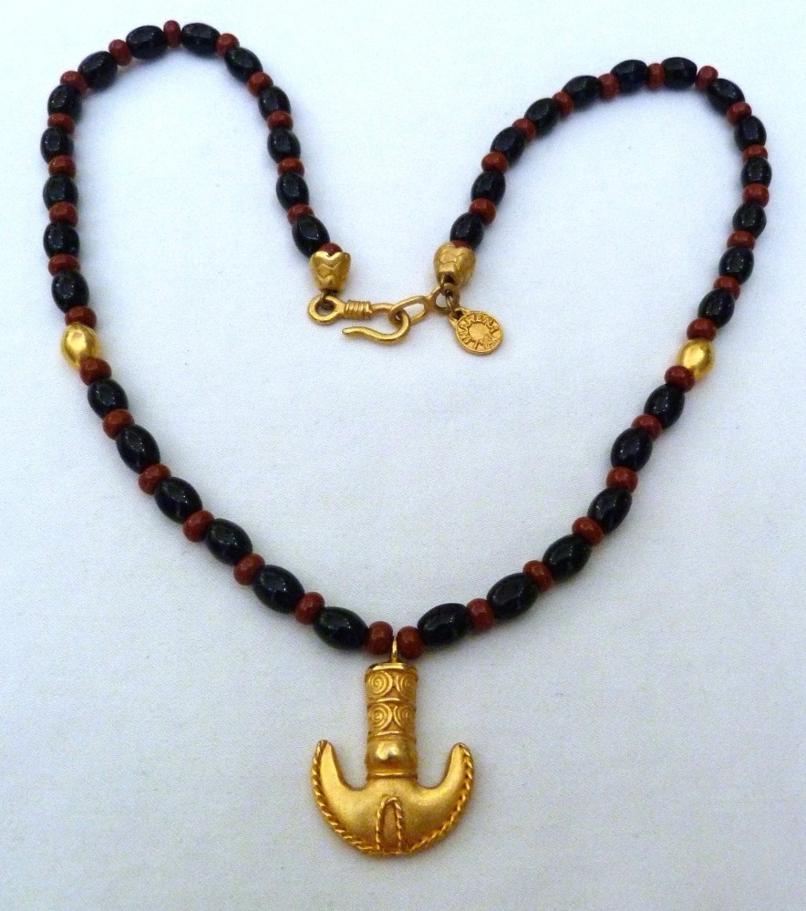 24K GOLD PLATED LINARENA MADE IN COLUMBIA ONYX RED JASPER BEADS NECKLACE