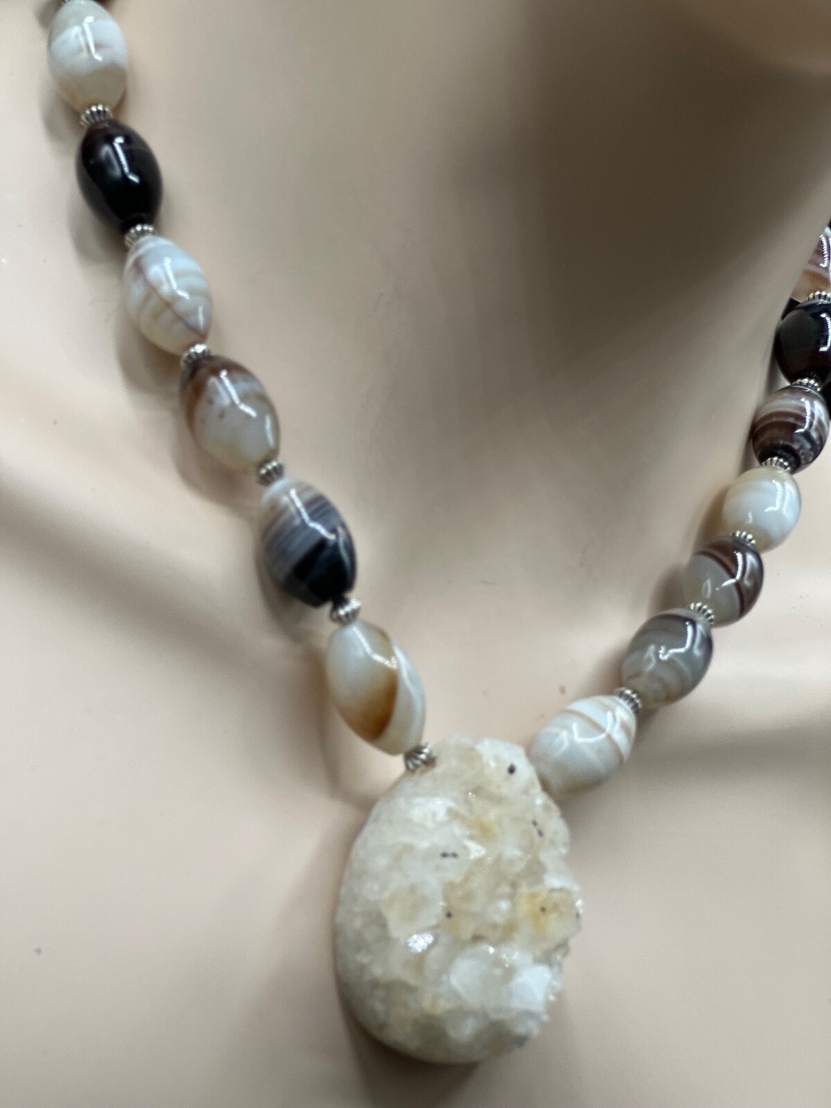 NATURAL DRUSY QUARTZ PENDANT WITH BOSTWANA AGATE BEAD NECKLACE EARRING SET